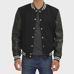 Men's Baseball Varsity Jacket - Black Wool with Leather Sleeves