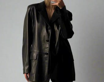 Women’s Oversized Vintage Lambskin Black Leather Blazer | Genuine Leather Retro Jacket | Handmade Streetwear Outerwear