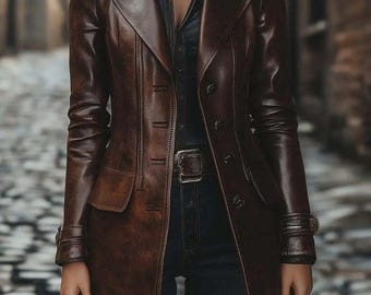 Handmade Brown Leather Trench Coat | Slim Fit Vintage Jacket