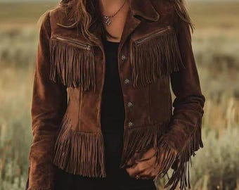 Women’s Dark Brown Fringe Jacket | Handmade Western Coat | Boho Fringe Biker Outerwear By Embroz