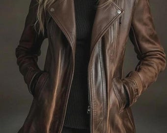 Handmade Brown Leather Moto Jacket | Women's Biker Coat