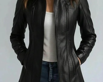 Women Stand-Collar Jacket | Handmade Biker Coat | Women's Black Moto Coat By Embroz