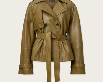 Women’s Cropped  Trench Coat | Genuine Leather  | Tailored Belted Leather Jacket By Embroz