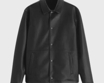 Leather Shirt Jacket, Black Lambskin, Semi-Aniline (Button Cuffs, Lined)