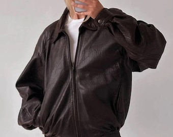 Women’s Oversized Chocolate Brown Vintage Baggy Leather Jacket | Genuine Leather Retro Outerwear