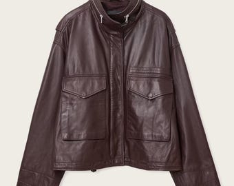 Women’s Black Funnel Neck Jacket | Genuine Leather Moto Coat | Minimalist Biker Jacket By Embroz