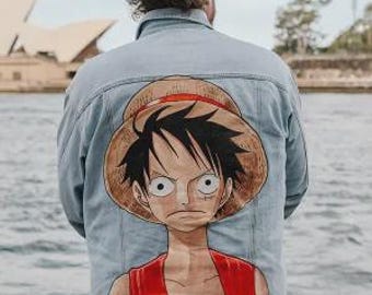 Custom Painted Denim Jacket - Pirate King Inspired Unisex Outerwear - Handmade Monkey D. Luffy Style