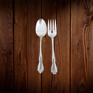Vintage 1881 Rogers Stainless Oneida Ltd Serving Spoon and Meat Fork Arbor Rose-True Rose 1967
