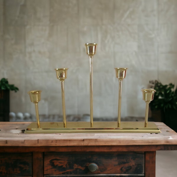 Partylite Solid Brass Graduated 5 Taper Mantle Candle Holder, Candelabra