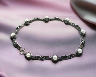 Sterling Silver, Marcasite, Faux Pearl Link Bracelet by Judith Jack