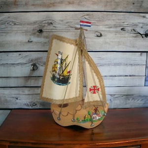 Vintage Hand Carved Hand Painted Dutch Clog Shoe Sailboat, Made in Holland