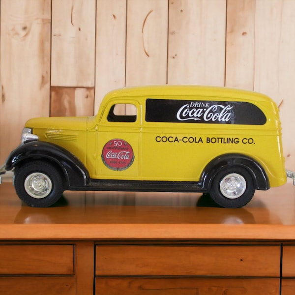 Coca Cola Die Cast Yellow Panel Truck Coin Bank by ERTL, 50th Anniversary Bank with Key