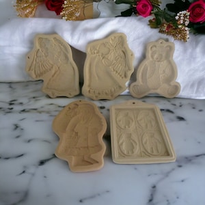 Vintage Brown Bag Cookie Art Molds, Angel with Banjo, Angel with Heart, Bear, Santa and Bear Family Album