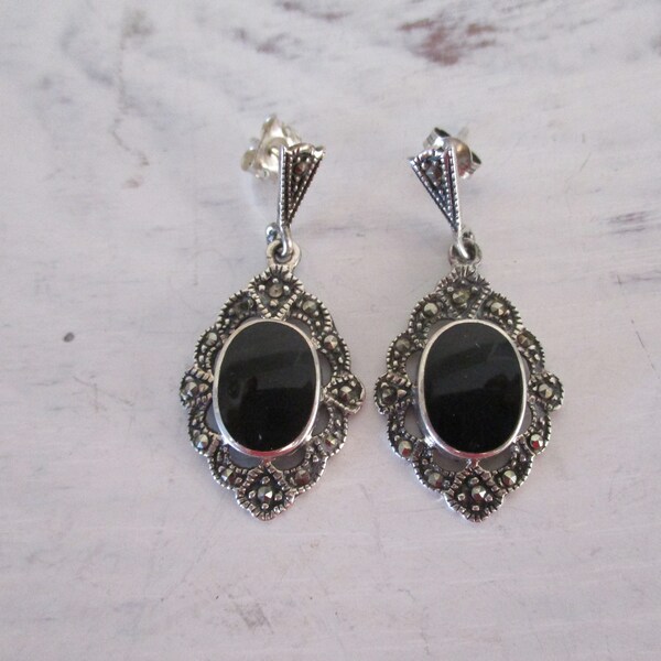 Vintage Sterling Silver Marcasite and Onyx Dangle Post Earrings