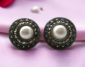 Judith Jack Sterling Silver, Marcasite Pearl Domed Earrings