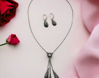 Sterling Silver, Marcasite Teardrop Necklace and Earrings Set by Judith Jack