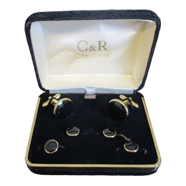 Vintage Tuxedo Cufflinks and Studs Set, Gold Tone Metal Black Enamel by C&R Clothiers in Original Velvet Box