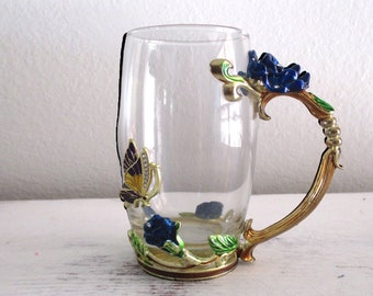 ARC of France Clear Glass Tea Coffee Cup Mug Jeweled Enamel Floral & Butterfly