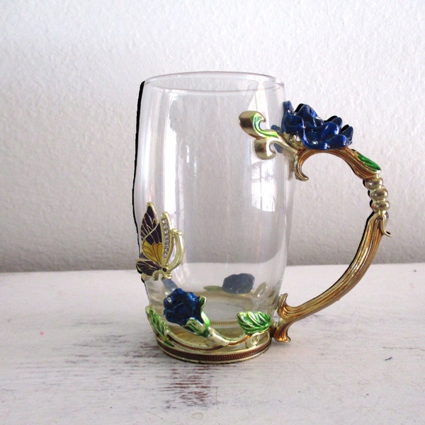 ARC of France Clear Glass Tea Coffee Cup Mug Jeweled Enamel Floral & Butterfly