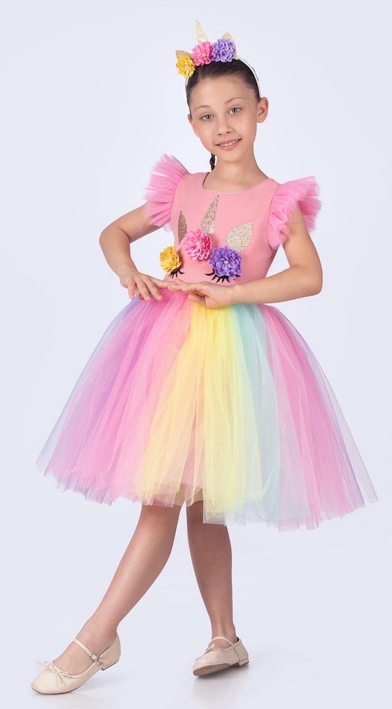 Unicorn Birthday Tutu Dress with Crown: Rainbow Tulle Flower Girl  Outfit.Halloween