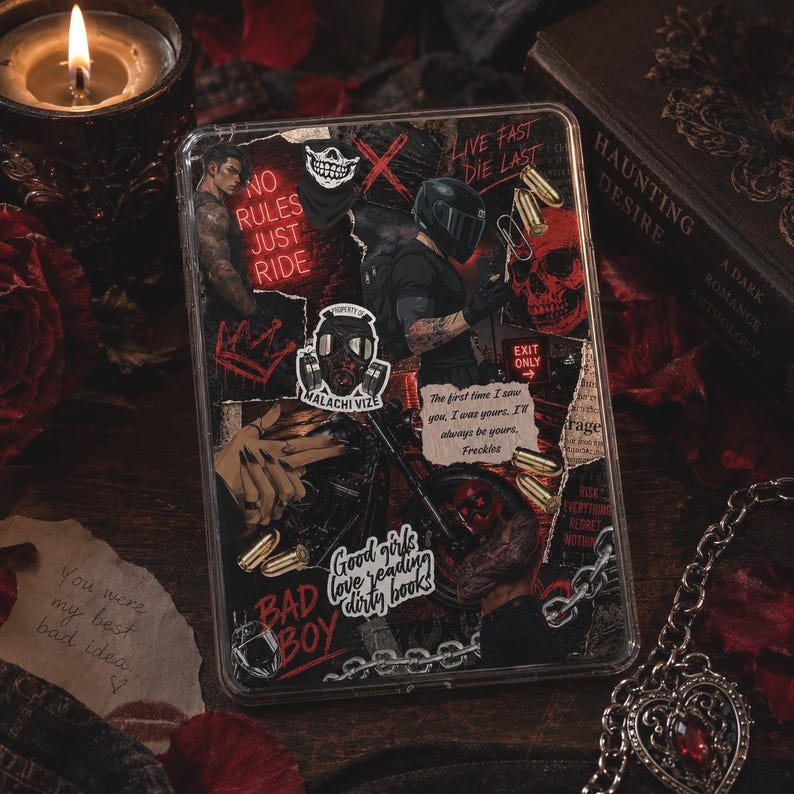 May include: A clear phone case with a collage design featuring a skull, biker, and various text elements. The case has a dark, edgy aesthetic with red and black accents. Text includes "NO RULES JUST RIDE" and "BAD BOY".