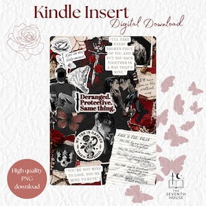 Puede incluir: Una descarga digital de Kindle Insert con un diseño de collage. El diseño presenta una mezcla de elementos negros y rojos, incluyendo rosas, mariposas y texto. El texto incluye frases como "Deranged. Protective. Same thing." y "You're not mine to lose, you're mine to ruin."
