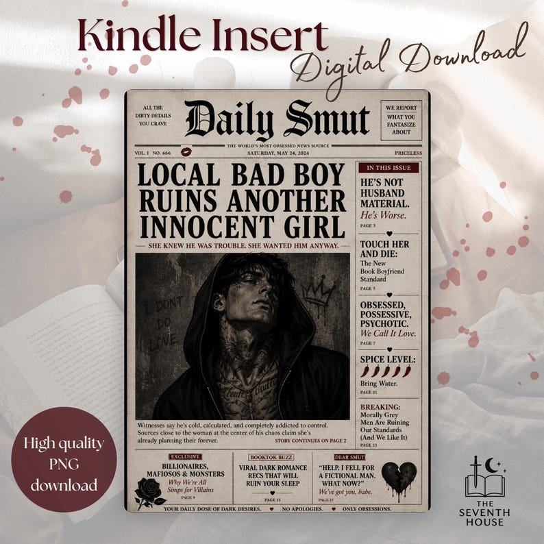 Może przedstawiać: Cyfrowy wkład do czytnika Kindle z projektem gazety zatytułowanej Daily Smut. Na pierwszej stronie znajduje się nagł&oacute;wek Local Bad Boy Ruins Another Innocent Girl, czarno-biała ilustracja mężczyzny w kapturze oraz r&oacute;żne kolumny tekstowe.
