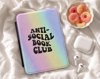 Pastelowe etui na Kindle'a z motywem antyspołecznego klubu książki | Okładka na czytnik w stylu retro z tęczą