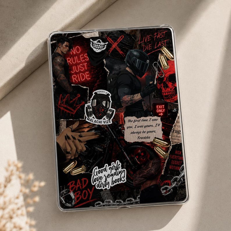 May include: A clear tablet case featuring a collage design with a biker theme. The design includes images of a skull, a biker, and text that reads "No Rules Just Ride", "Live Fast Die Last", and "Good girls love reading dirty books".