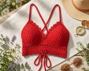 Patrón de bralette de ganchillo para principiantes, top corto con espalda de cordones (descarga en PDF)