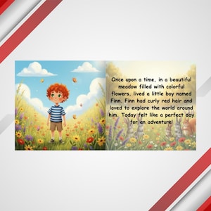 K&ouml;nnte beinhalten: Illustration eines Kinderbuchs. Ein Junge mit roten Locken steht in einem Feld voller bunter Blumen. Der Text lautet: &bdquo;Es war einmal... Heute war ein perfekter Tag f&uuml;r ein Abenteuer!"