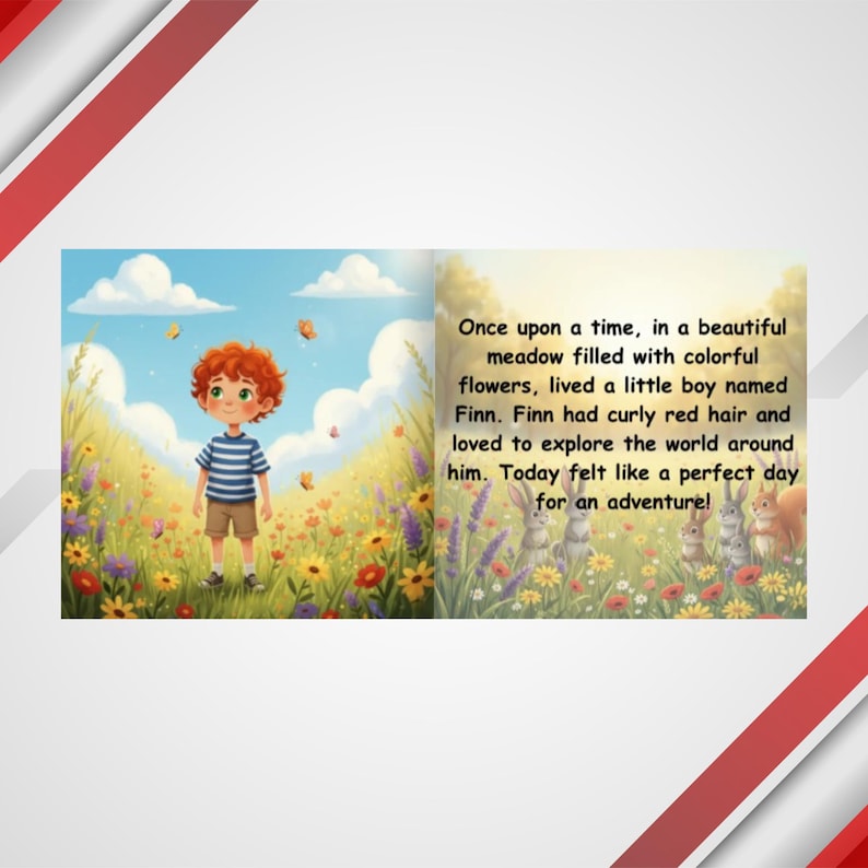 K&ouml;nnte beinhalten: Illustration eines Kinderbuchs. Ein Junge mit roten Locken steht in einem Feld voller bunter Blumen. Der Text lautet: &bdquo;Es war einmal... Heute war ein perfekter Tag f&uuml;r ein Abenteuer!"