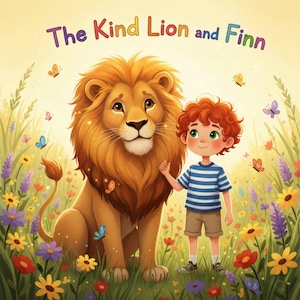 K&ouml;nnte beinhalten: Eine farbenfrohe Illustration zeigt einen freundlichen L&ouml;wen und einen jungen Mann namens Finn. Der L&ouml;we hat eine goldene M&auml;hne und steht neben einem Jungen mit roten Locken. Die Szene spielt in einem Blumenfeld mit Schmetterlingen, mit dem Text "The Kind Lion and Finn".