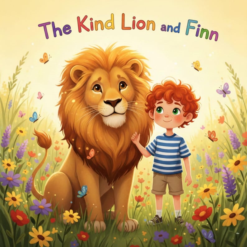 K&ouml;nnte beinhalten: Eine farbenfrohe Illustration zeigt einen freundlichen L&ouml;wen und einen jungen Mann namens Finn. Der L&ouml;we hat eine goldene M&auml;hne und steht neben einem Jungen mit roten Locken. Die Szene spielt in einem Blumenfeld mit Schmetterlingen, mit dem Text "The Kind Lion and Finn".