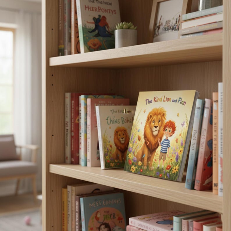 K&ouml;nnte beinhalten: Ein helles Holzregal mit Kinderb&uuml;chern. Die B&uuml;cher haben farbenfrohe Einb&auml;nde, darunter eines mit dem Titel "The Kind Lion and Finn". Eine kleine Sukkulentenpflanze und ein gerahmtes Foto befinden sich ebenfalls auf dem Regal.