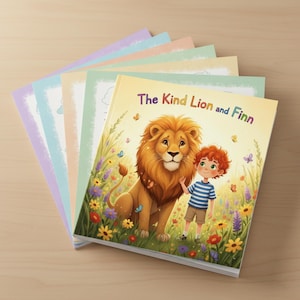K&ouml;nnte beinhalten: Ein Kinderbuch mit dem Titel "The Kind Lion and Finn" mit einem freundlichen L&ouml;wen und einem jungen Mann mit rotem Haar. Das Cover zeigt bunte Blumen und Schmetterlinge. Mehrere pastellfarbene Seiten sind hinter dem Buch zu sehen.