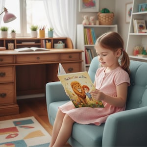K&ouml;nnte beinhalten: Ein junges M&auml;dchen in einem rosa Kleid liest in einem blauen Sessel ein Buch mit dem Titel "The Kind Lion and Finn". Das Buchcover zeigt einen L&ouml;wen und einen Jungen. Ein Schreibtisch aus Holz und ein B&uuml;cherregal sind im Hintergrund zu sehen.