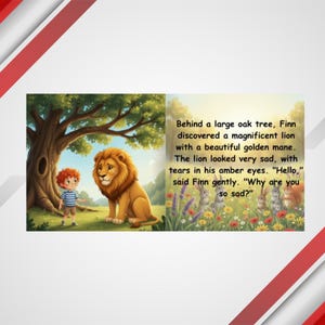 K&ouml;nnte beinhalten: Kinderbuchillustration mit einem Jungen und einem L&ouml;wen unter einem Baum. Der L&ouml;we hat eine goldene M&auml;hne und wirkt traurig. Text: "Hinter einer gro&szlig;en Eiche entdeckte Finn einen pr&auml;chtigen L&ouml;wen... Warum bist du so traurig?"