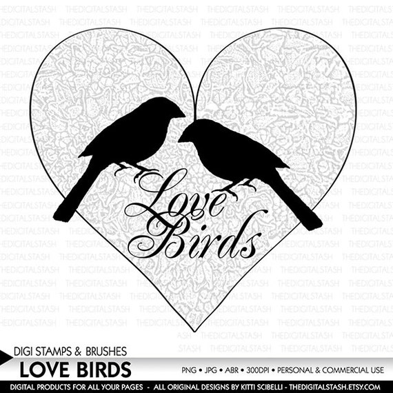 Items similar to Love Birds - VALENTINE Heart - Digital Stamp and Brush ...