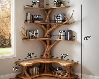 Tree Branch Bookshelf with L-Shaped Bench, Driftwood Corner Shelf, Rustic Wood Bookcase with Seating, Nature-Inspired Wall Storage