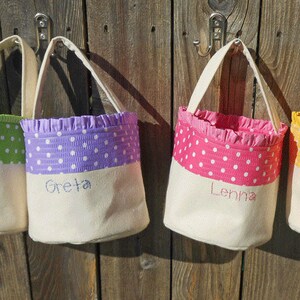 Easter Basket Personalized HANDMADE in Polka Dot / Pink Blue Green Yellow Purple Orange / Canvas Easter Basket for Girl or Boy image 1