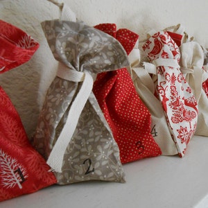 Christmas Advent Calendar/  Fabric Bags in Red and White Scandi 2 Fabric  Countdown Advent Calendar/ Reindeer, Christmas Trees