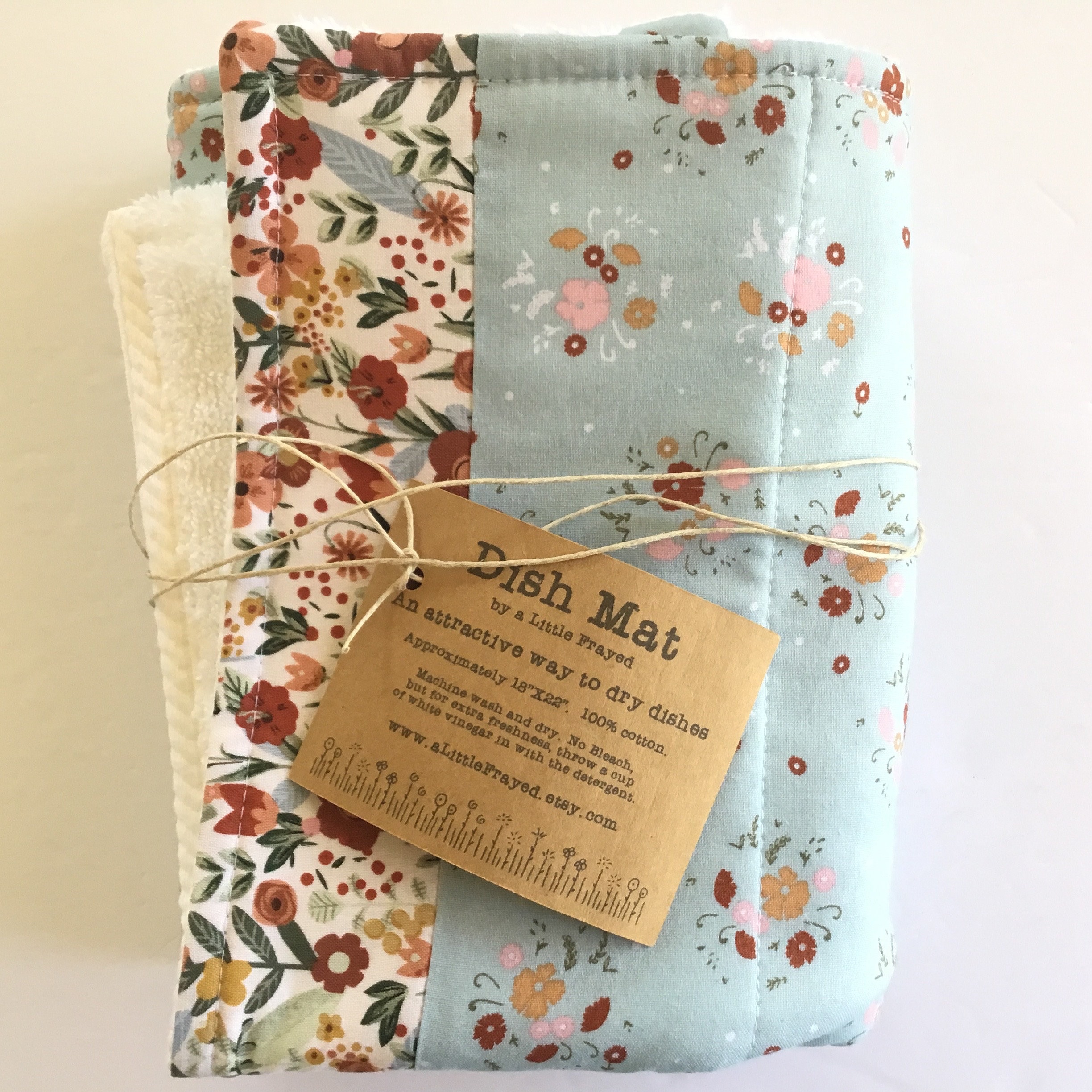Blue Wildflower Dish Drying Mat: 100% Cotton, Terry Cloth Backed
