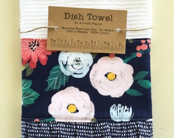 Dish Towel / Kitchen Bar Mop Towel / Spring Florals for Kitchen/Navy Blue with Pink Flowers Linens