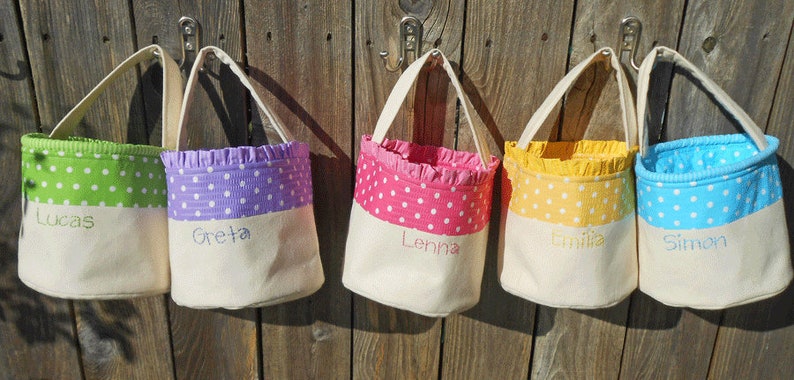 Easter Basket Personalized HANDMADE in Polka Dot / Pink Blue Green Yellow Purple Orange / Canvas Easter Basket for Girl or Boy image 1