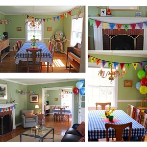 May include: Two birthday party scenes with green walls, colorful banners, and balloons. The first scene shows a dining room table with a blue and white checkered tablecloth, chairs, and a chandelier. The second scene shows a living room with a fireplace, a couch, a coffee table, and a dining table with a blue and white checkered tablecloth.