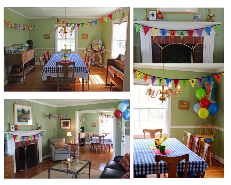 May include: Two birthday party scenes with green walls, colorful banners, and balloons. The first scene shows a dining room table with a blue and white checkered tablecloth, chairs, and a chandelier. The second scene shows a living room with a fireplace, a couch, a coffee table, and a dining table with a blue and white checkered tablecloth.