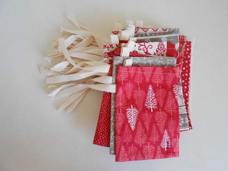 Christmas Advent Calendar/ Fabric Bags in Red and White Scandi 2 Fabric Countdown Advent Calendar/ Reindeer, Christmas Trees image 1