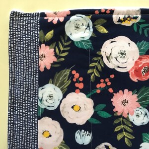 May include: Close-up of a floral fabric with a navy blue background. The fabric features large white, pink, and red flowers with green leaves. A border of navy blue fabric with white dots is on the left side.