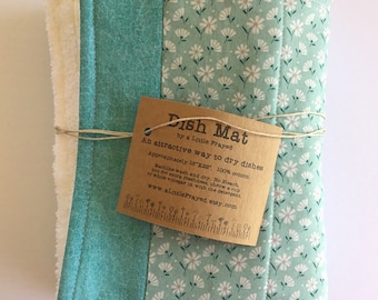 Teal Green Floral Dish Drying Mat: 100% Cotton Terry Cloth